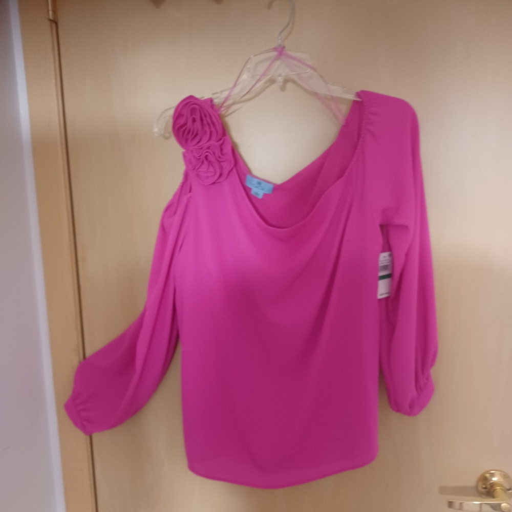 CeCe Vibrant Pink BTop. Features One Open Shoulder With Rosettes.